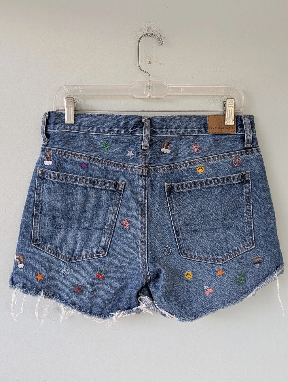 American Eagle 90's Boyfriend Embroidered Rainbow Denim Shorts